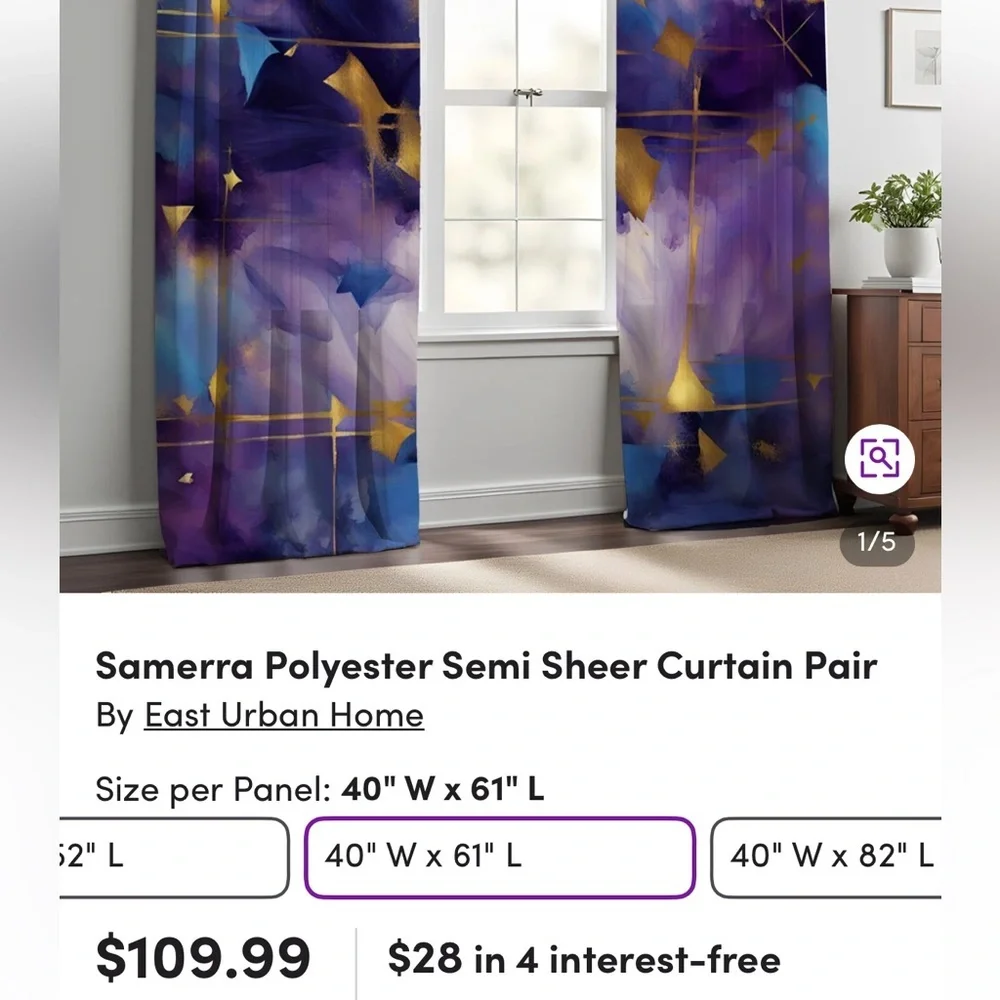 East Urban Home Samerra Abstract Purple Curtains 2 Panels 40 x 62” Semi Sheer